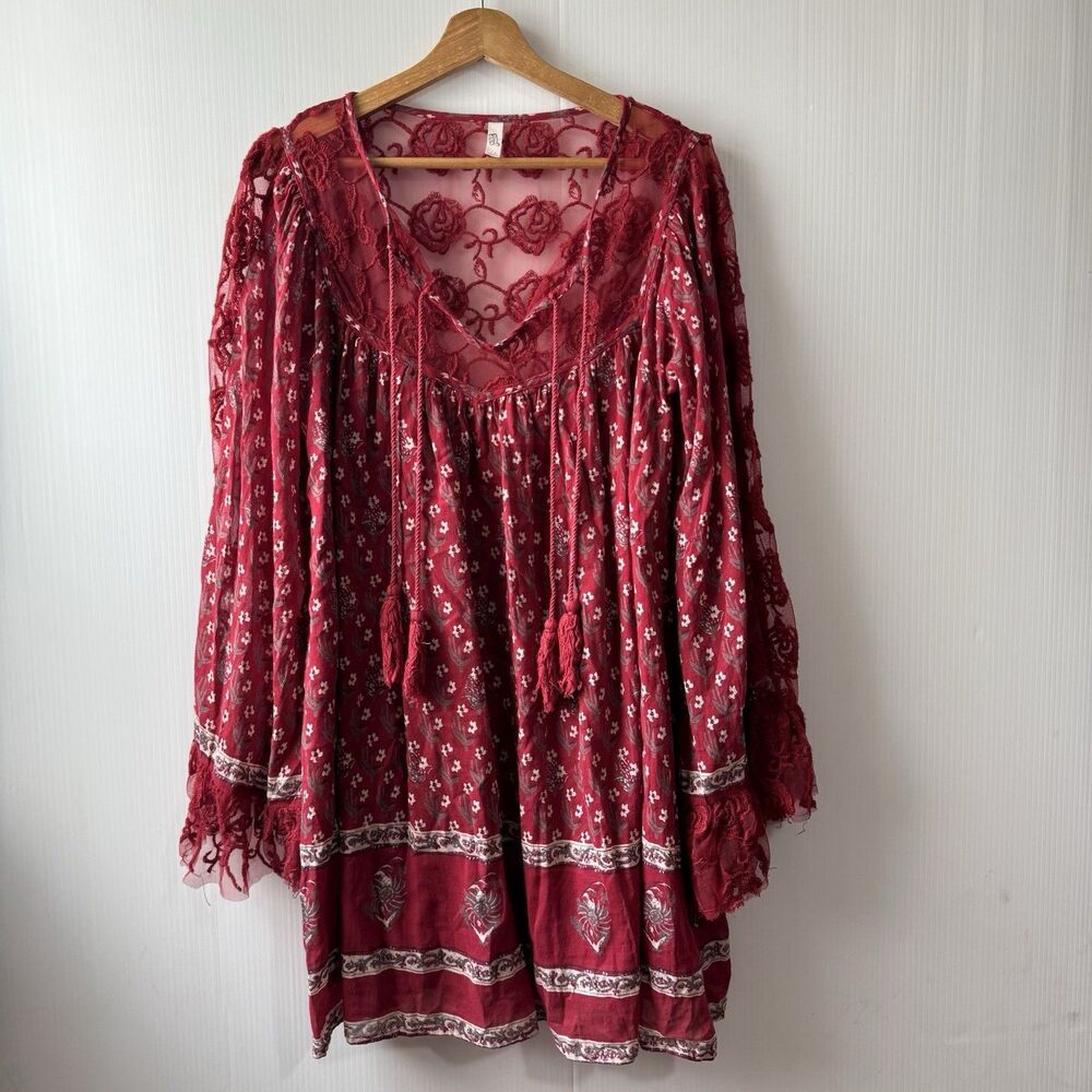 Free People Red Nomad Child Boho Tunic Mini Dress S Floral Lace Tassels